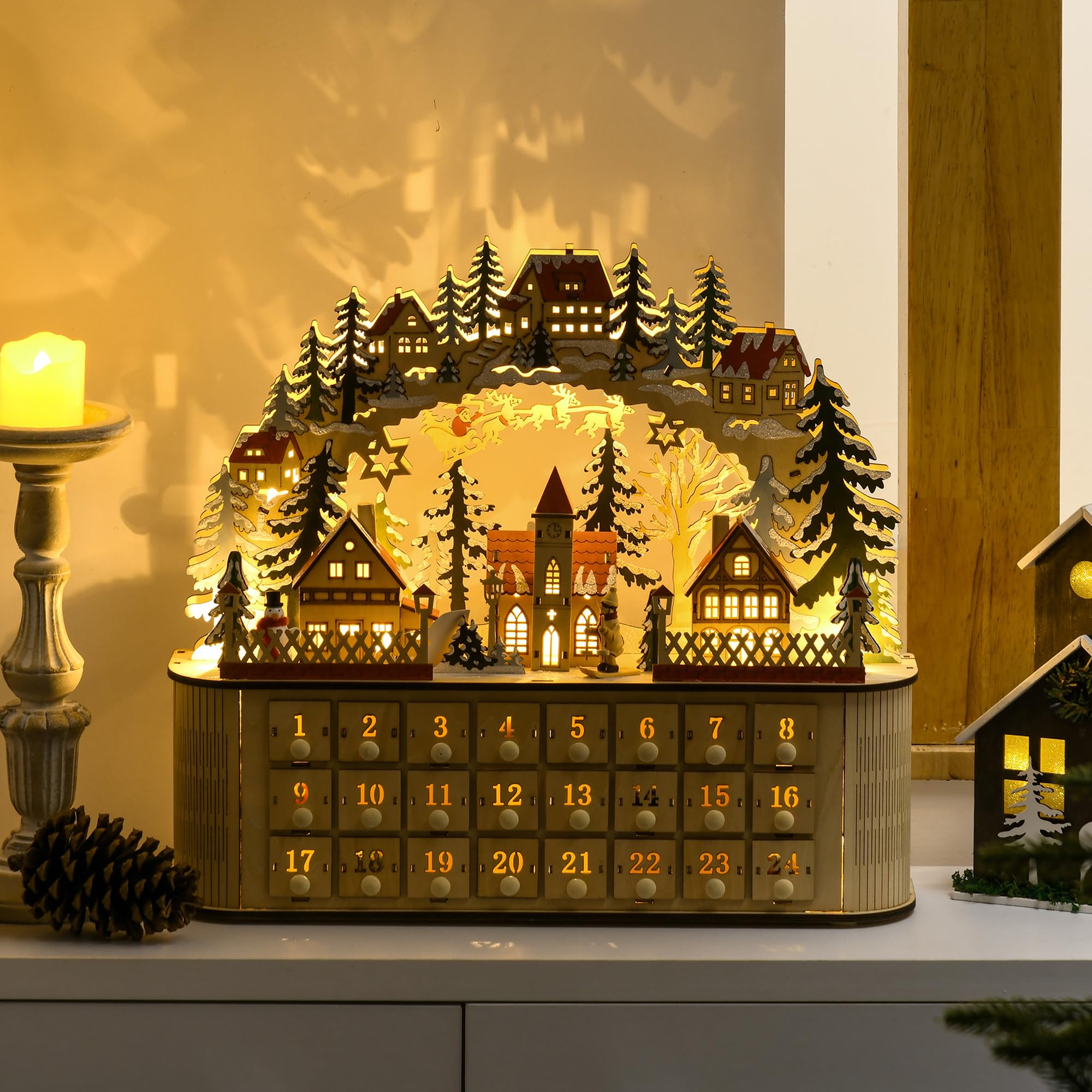 HOMCOM Wooden Christmas Advent Calendar, Light Up Table Holiday Decoration with 24 Countdown Drawers and LED Lights for Kids and